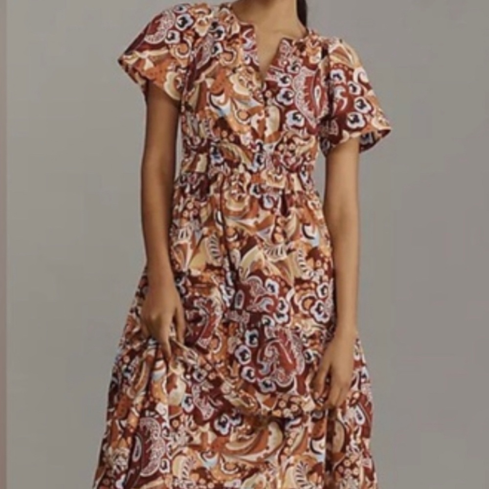 The Somerset Maxi Dress By Anthropologie XS Floral Tan/Red